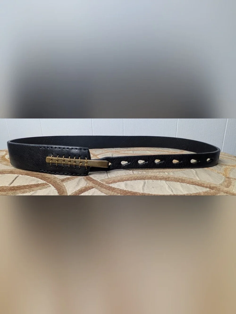 Women’s Johnny Farah Multihole Brass Metal Hook Black Leather Dress Belt Sz S/M